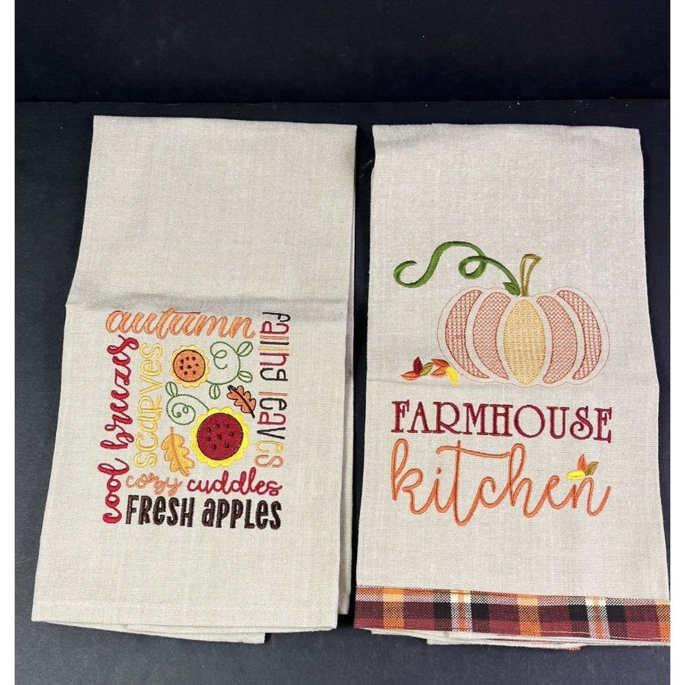 NEW 2 Embroidered Kitchen Towel Fall Autumn Decor Pumpkin Apples Flowers Beige